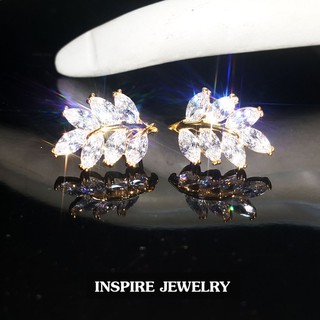 INSPIRE JEWELRY ต่างหูเพชรสวิสรูปใบมะกอก ปักก้าน งานจิวเวลลี่เจียเหลี่ยมมาคี