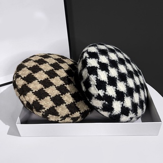 Beret ผู้หญิงฤดูใบไม้ร่วงและฤดูหนาวผ้าขนสัตว์ถักหมวกเบเร่ต์แฟชั่น houndstooth หมวกจิตรกร