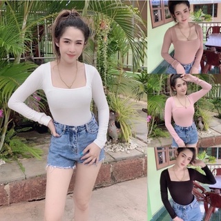 🔥🔥ขาย👚DEE Shop🔥🔥(A55)บอดี้สูทแขนคอเหลี่ยมแขนยาว ผ้าเรย่อน รุ่น(เป้าเปิดได้) มีป๊อกแป็ก