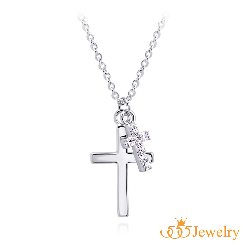 555jewelry จี้พร้อมสร้อย รูปไม้กางเขน 2 อัน ประดับเพชร CZ รุ่น MNC-BN034 - จี้ห้อยคอ จี้สร้อยคอ จี้ส