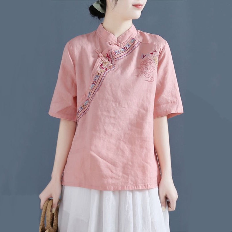 เสื้อเชิ้ตแขนสั้น ผ้าฝ้าย และผ้าลินิน ปักลาย สไตล์จีนเรโทร สําหรับผู้หญิง ไซซ์ M - 3xl 2022