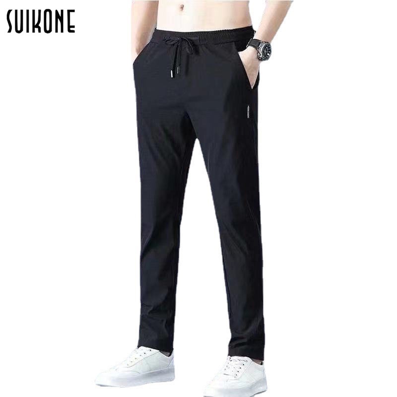 Suikone กางเกงผู้ชาย ฤดูร้อนผู้ชายแฟชั่นกางเกงลำลองระบายอากาศผ้าไหมน้ำแข็งบางกางเกงสีทึบเข็มขัดเอวกางเกง กางเกง