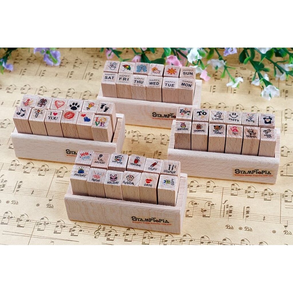 ตัวปั๊ม ตรายาง-ชุด mini wooden DIY diary stamp (ชุด12ชิ้น)