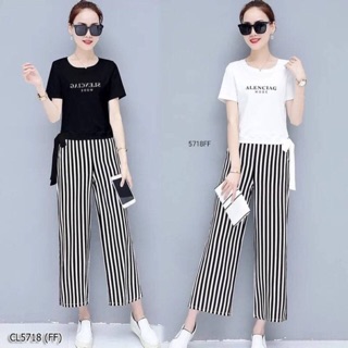 5718 Set 2 ชิ้นเสื้อยืดคอกลมชายเสื้อผูกโบว์ + กางเกงขายาวลายริ้วทางตรง