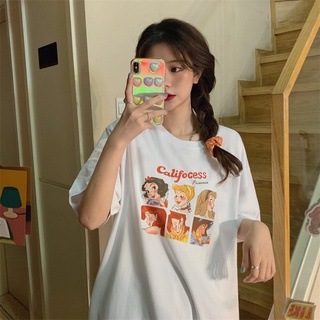 เสื้อยืดแขนสั้น ผ้าฝ้าย ทรงหลวม พิมพ์ลาย Disney Princess แฟชั่นฤดูร้อน สําหรับผู้หญิง