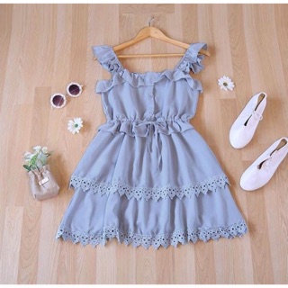 💋Mini dress style korea  มินิเดรสสายเดี่ยวกระโปรงแต่งเย็บ2ชั้น ลูกไม้