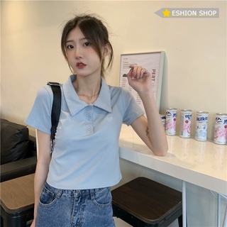 ESHION SHOP เกาหลี แขนสั้น เสื้อโปโล หลวม กระดุม