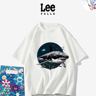 [S-5XL]Leefalle เสื้อยืดลําลอง ผ้าฝ้าย แขนสั้น พิมพ์ลายฉลาม ทรงหลวม สําหรับคู่รัก