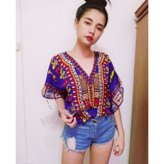 เดรสจังโก้แฟชั่นวินเทจ Women Kaftan Dashiki Dress Boho Hippie Plus Size