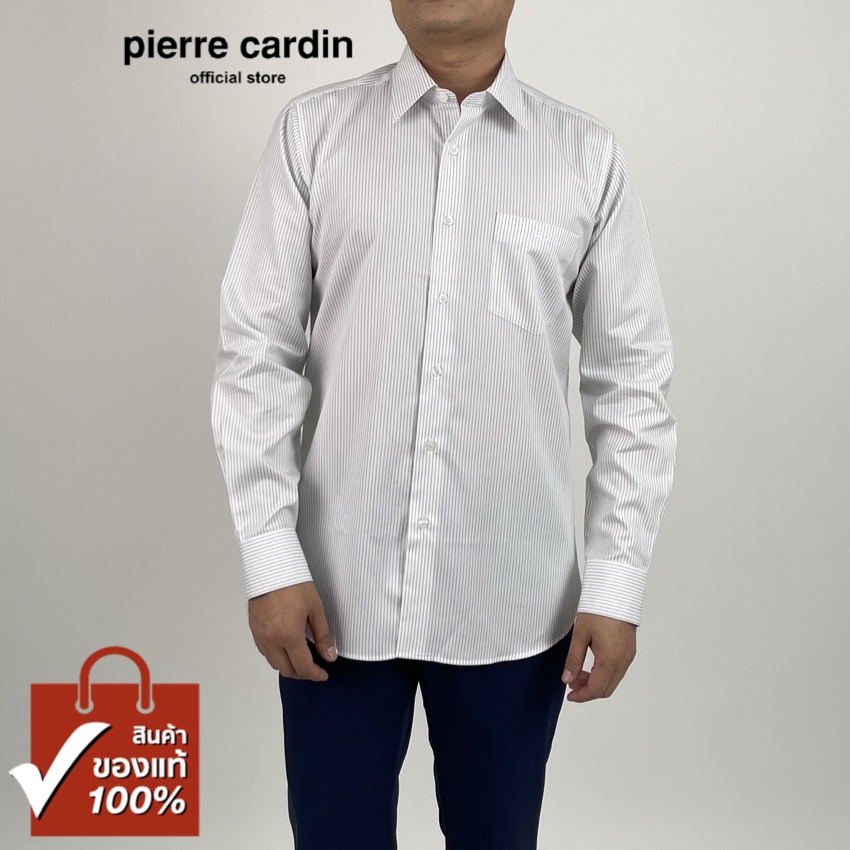 Pierre Cardin เสื้อเชิ้ตแขนยาว Slim Fit รุ่นมีกระเป๋า ผ้า Cotton 100% [RHT505F-GY]