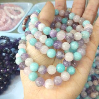 สีพาสเทล อเมทิส/อควาเมอรีน/โรสควอส์ หินแท้รับประกัน สร้อยข้อมือหินนำโชค