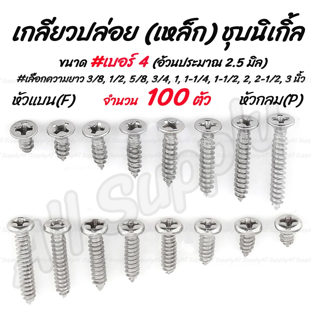 โปรลดพิเศษ (100ตัว) สกรู เกลียวปล่อย เหล็ก ชุบนิเกิ้ล หัวP หัวกลม/ หัวF หัวแบน #เบอร์8 เลือกความยาว 3/8 ถึง 3นิ้ว