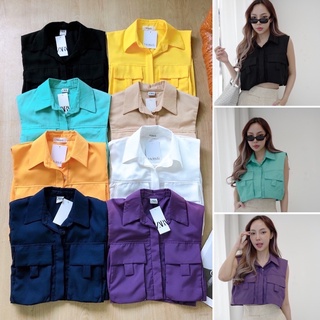 เชิ้ตครอปกระเป๋าคู่ งานเชิ้ตครอปสั้น สีสันสดใส  Crop shirt เชิ้ตครอปแขนกุด เสื้อเชิ้ตแขนกุด ครอป top