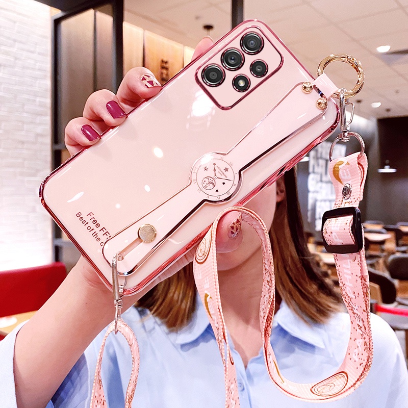 เคสโทรศัพท์มือถือ พร้อมสายคล้องคอ และสายคล้องข้อมือ หรูหรา สําหรับ Samsung Galaxy A73 A53 A33 5G M53