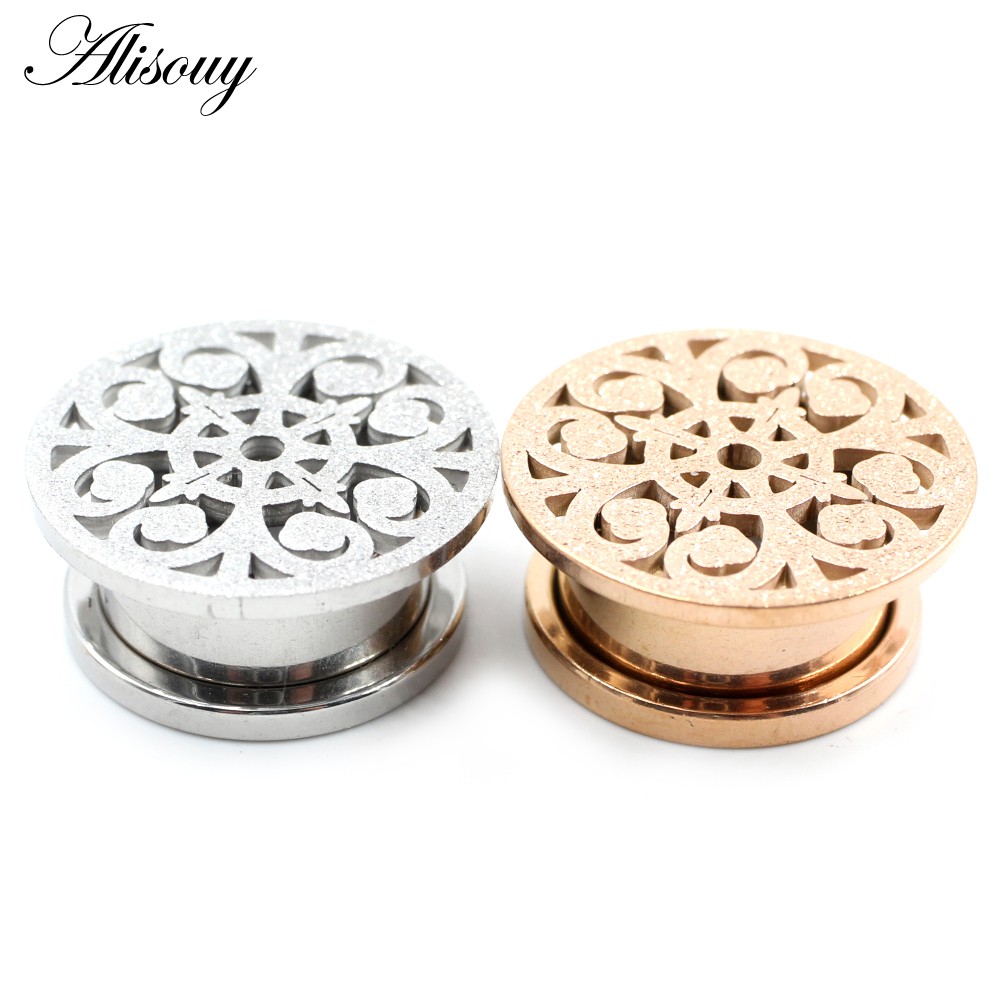 Alisouy 2 ชิ้น Hollow Frosted ขัดดอกไม้สแตนเลสหูปลั๊กอุโมงค์ Stretchers วัดเจาะเครื่องประดับหู Expanders