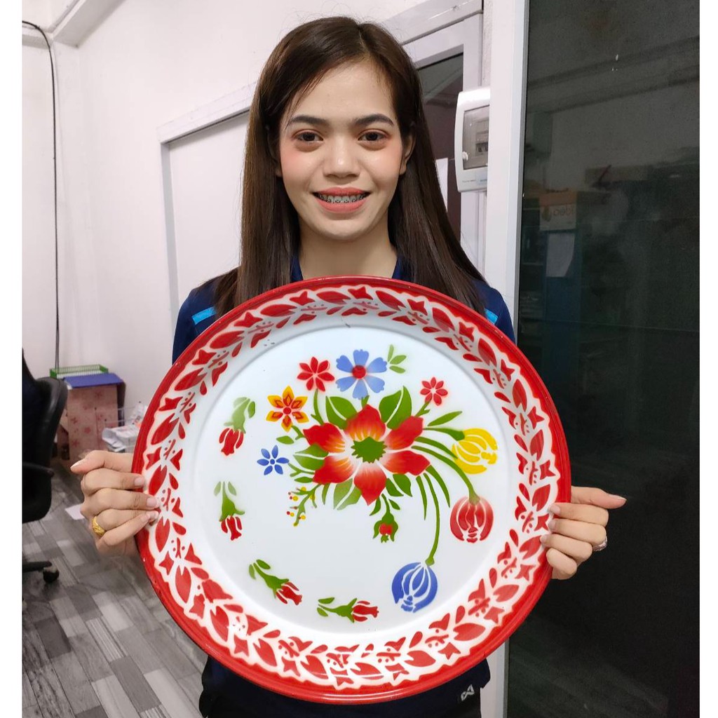 ถาดกลมเคลือบ ลายดอกไม้ ขนาด 40 ซม. ถาดสังกะสีเคลือบ งานลายไทย ( 1 ชิ้น )