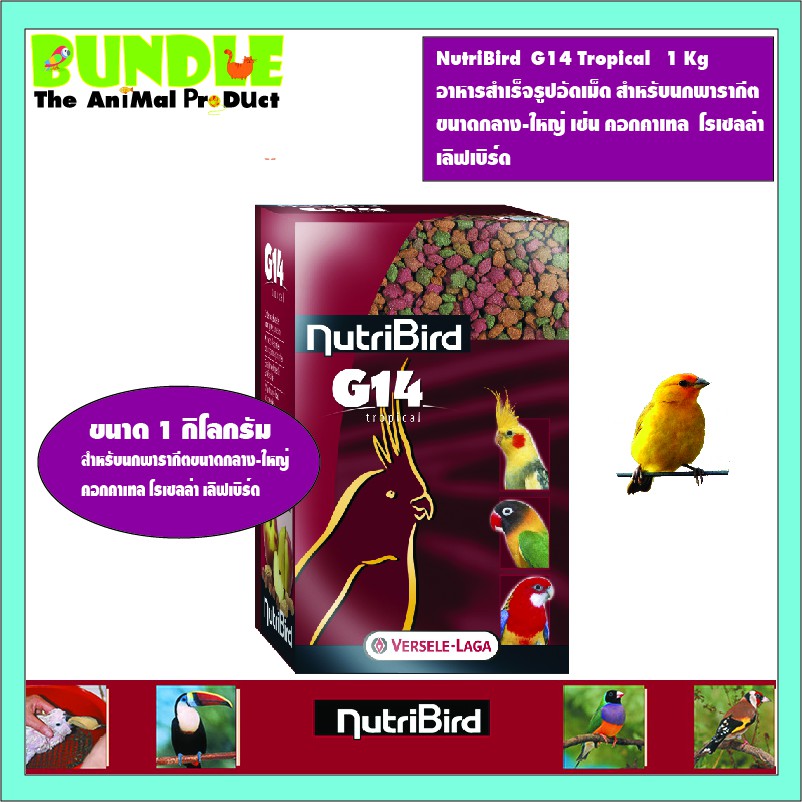 NutriBird G14 Tropical 1 Kg อาหารสำเร็จรูปอัดเม็ด สำหรับนกพารากีต ขนาดกลาง-ใหญ่ เช่น คอกคาเทล โรเซลล่า เลิฟเบิร์ด