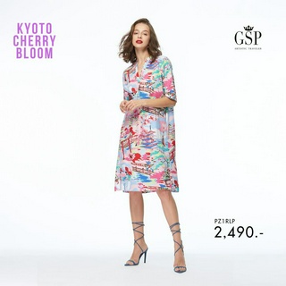 GSP ชุดเดรส  Dress เดรสผ้าเรยอน แขนสามส่วน ลายพิมพ์ Kyoto Cherry Bloom-Blouse (PZ1RLP)