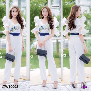 SK10002 Jumpsuit จั๊มสูทขายาวแขนระบายผ้าแก้ว เข้ารูปสวย อกพิมพ์ลายนก สีสดใส ช่วงเอวคาดเป็นเข็มขัดโบว์สีน้ำเงินฟ้า