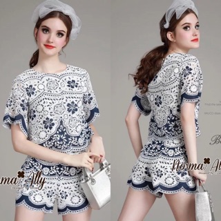 Elegant Lace Blue Shirt &amp; Pant Set