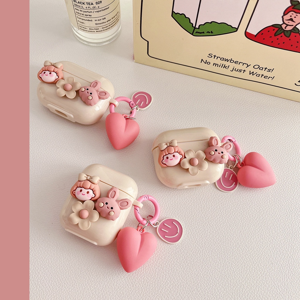 Airpods 4 กรณี DIY กระต่ายสาวสําหรับ airpods pro gen 2 1 2 3 pro กรณีสีชมพูรักพวงกุญแจสีเบจ