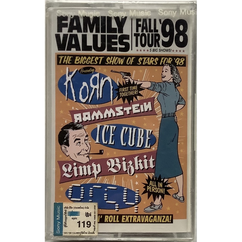 Cassette Tape เทปคาสเซ็ตเพลง Family Values Tour 1998 ลิขสิทธิ์ ซีล Limp Bizkit Korn Rammstein Ice Cube Orgy Incubus