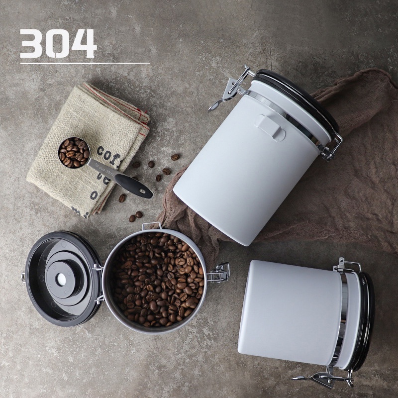 กล่องเก็บเมล็ดกาแฟ Coffee Canister พร้อมช้อนสเตนเลส วัสดุสเตนเลส ฝาล๊อกแน่น พร้อมวาล์วกันอากาศ