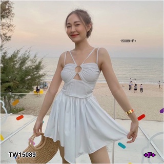 TW15089 เดรสสั้น ติดห่วงอก ซิปหลัง+ ยางยืด สายเดี่ยวคู่ กระโปรงย่นรอบตัว งานผ้าไหมอิตาลี