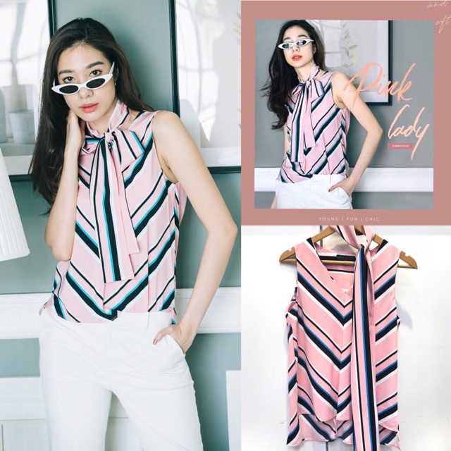 เสื้อเบลาส์แขนกุดผ้าพิมพ์ลายสีสุดน่ารัก ตัดสีสดใสสไตล์ pomelo Shopee