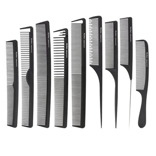 สินค้าพร้อมจัดส่งMythus 9ชิ้นสีดำคาร์บอนไฟเบอร์หวีผมชุด Anti Static ความร้อน Rat Tail Comb สำหรับผู้หญิงผู้ชายประเภทรูปแ