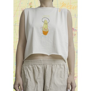 เสื้อยืด Croptop เสื้อครอปแขนกุด ผ้าฝ้าย Cotton 100% สีผ้าดิบไม่ย้อมสี ลาย Mr. Peanut minimal จากจินตนาการเด็ก