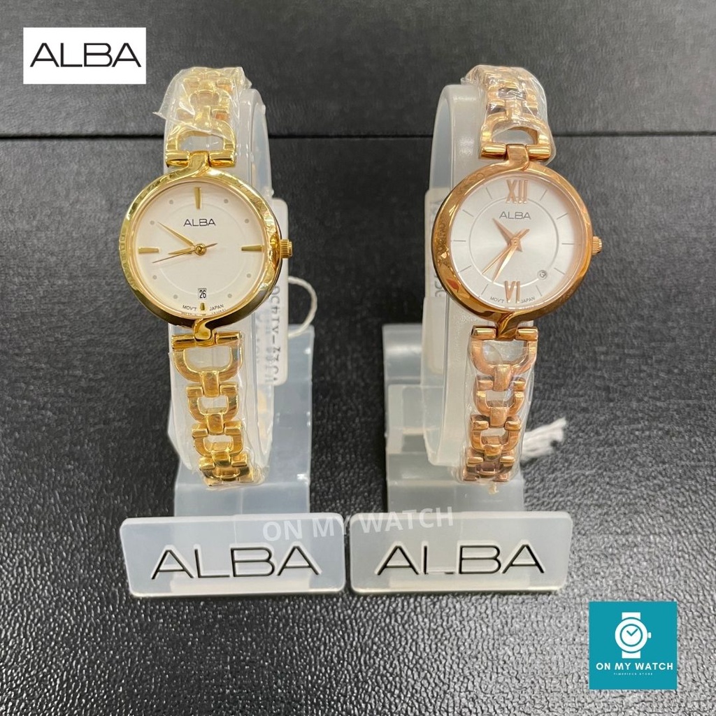 นาฬิกาข้อมือผู้หญิง ALBA รุ่น VJ22-X145 สายทองและ PinkGold ทรงสร้อยข้อมือ