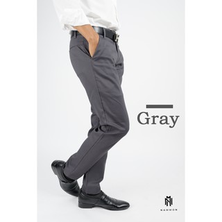 กางเกงสแลคชายขายาว ผ้ายืด Slim-fit กระบอกเล็ก สีเทา Gray ไซส์ 28-42 by Nammon