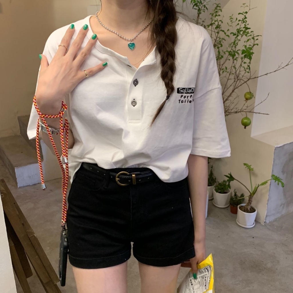 🔥Wangda girls🔥แขนสั้นคอกลม กระดุมบนหน้าอก เสื้อน่ารัก