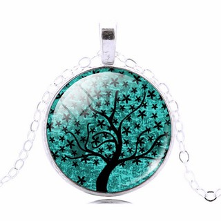 Suvani Jewelry - Greenish Blue Tree of Life Art Glass Cabochon  จี้ต้นไม้แห่งชีวิต พร้อมสร้อยยาว 20 - 22นิ้ว