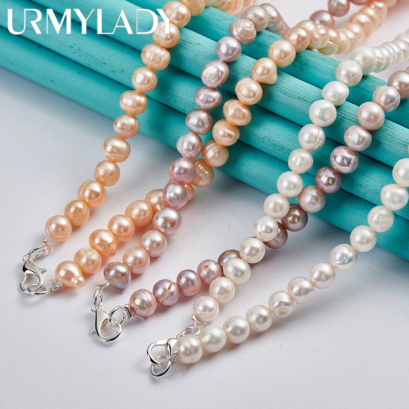 Urmylady สร้อยคอโซ่เงิน 925 ประดับไข่มุก 7-8 มม. เครื่องประดับแฟชั่น สําหรับผู้หญิง ผู้ชาย งานหมั้น งานแต่งงาน