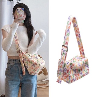 🔥Hot sale👜🍒 New rainbow love square bag cute colorful printing plush shoulder bag casual เส้นทแยงมุมกระเป๋า