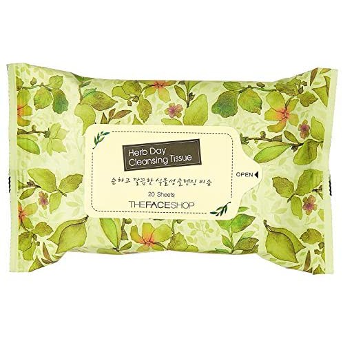 THE FACE SHOP HERB DAY CLEANSING TISSUE (20) ทิชชู ทำความสะอาดผิวหน้า ช่วยล้างเครื่องสำอางได้อย่างหมดจด