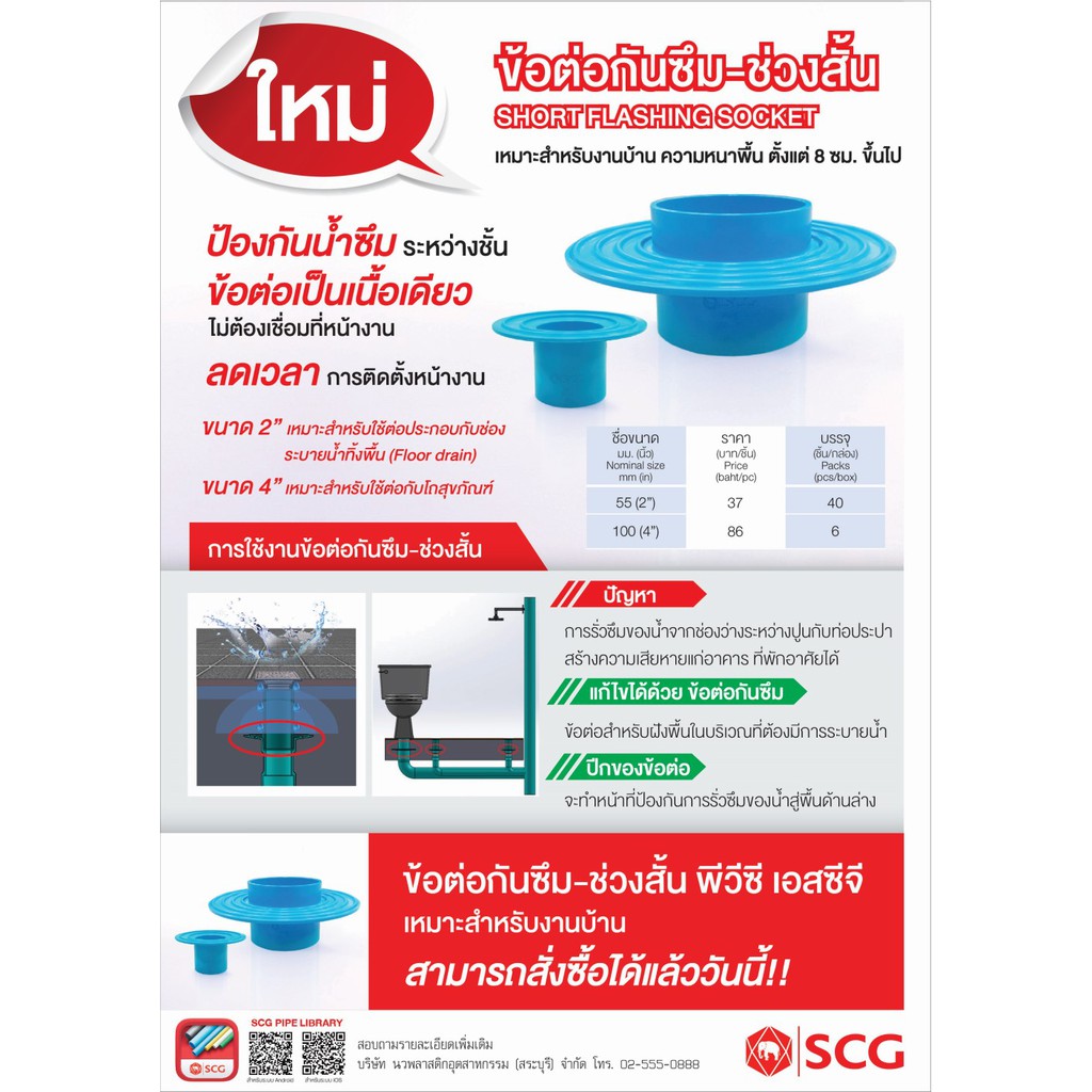 ข้อต่อกันซึมช่วงสั้น -พีวีซีฟ้า ตราช้าง SCG ขนาด 2"- 4"