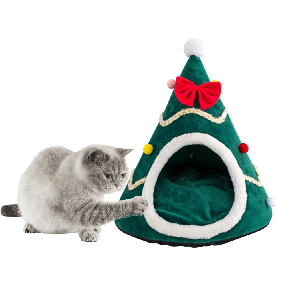 Christmas tree Form Dog Cat House Comfortable Sleeping Bed Half Closed