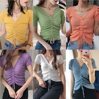 TNB COCO2เสื้อครอปคอวีแขนสั้นงานไหมพรมสีพื้นสีน่ารัก เอวลอย ท็อป เสื้อผ้าแฟชั่นเกาหลี เสื้อยืดวัยรุ่น 8103