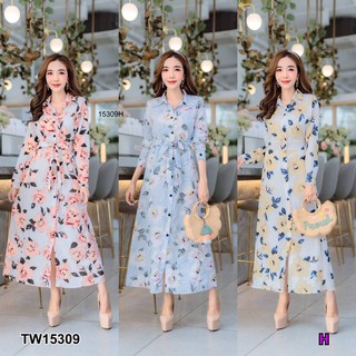 MF15309 Maxi Dress แม็กซี่เดรสแขนยาว ติดกระดุมผ่าด้านหน้า คอเดรสเป็นคอปกเช็ต งานสวยเป๊ะ เอวผูกเชือกเก็บทรง เนื้อผ้า 100D