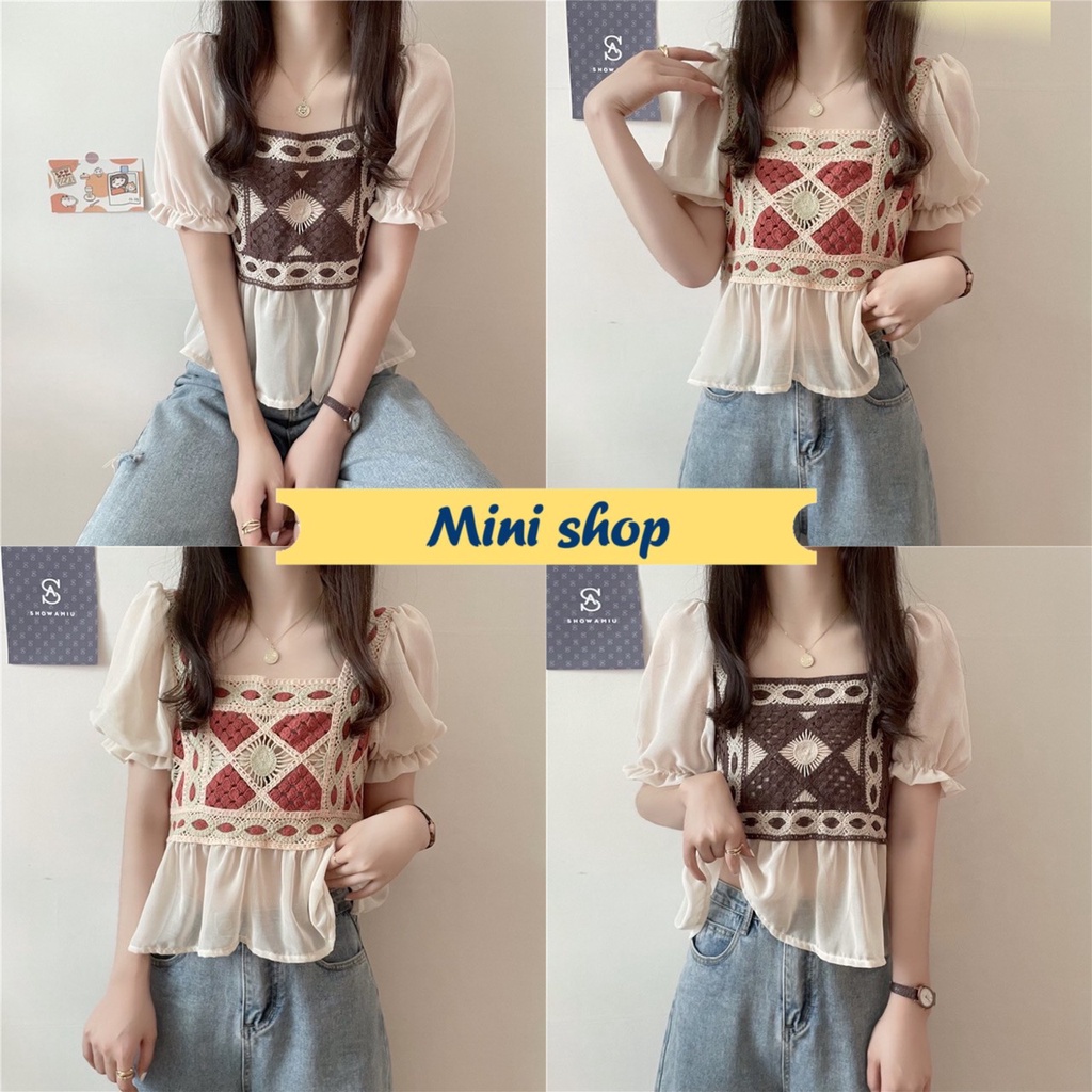 Mini shop พร้อมส่ง (19011) เสื้อถักไหมพรม แขนสั้น ดีเทลแขนซีทรูเอาๆน่ารักสไตล์ โบฮีเมี่ยน -C