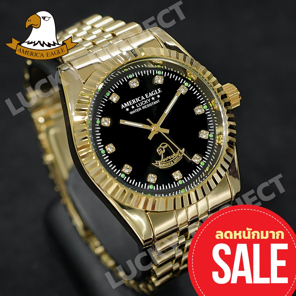America Eagle นาฬิกาข้อมือผู้ชาย ราคาถูก แถมกล่องนาฬิกา รุ่น 001G สายทองหน้าดำ