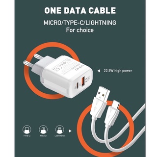 ชุดหัวชาร์จเร็วพร้อมสาย LDNIO FULL PROTOCOL QUICK CHARGE SUPER CHARGE มาพร้อม1ช่องCและ1ช่องUSB รองรับการชาร์จเร็ว 22.5W