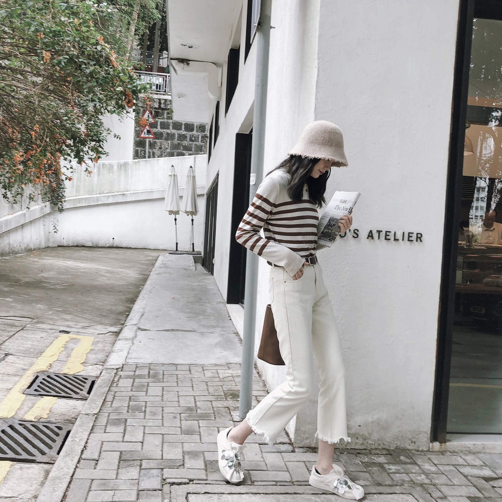 กางเกงยีนส์สีขาวขอบหญิงฤดูใบไม้ร่วงรุ่นใหม่ของเกาหลีเอว JHXC