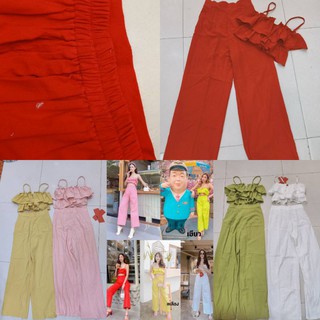 Set2ชิ้น เสื้อ สายเดี่ยว ผ้าลินิน ระบาย+กางเกง ขายาว