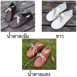 SS024 รองเท้าผ้าใบสไตล์ญี่ปุ่นวินเทจ หนังนิ่ม หัวตัด สี [ขาว น้ำตาลแดง น้ำตาลเข้ม]