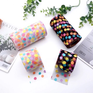 ผ้าโปร่งลายจุด polka dot  (1 หลา) ริบบิ้นผ้า ริบบิ้นเกาหลี ริบบิ้น