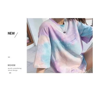 เสื้อยืดผู้หญิงแฟชั่น ส่วนยาวหลวมของเวอร์ชั่นเกาหลีของฮาราจูกุสไตล์มัดย้อมเสื้อยืดเสื้อคู่รัก ใส่สบาย#1039
